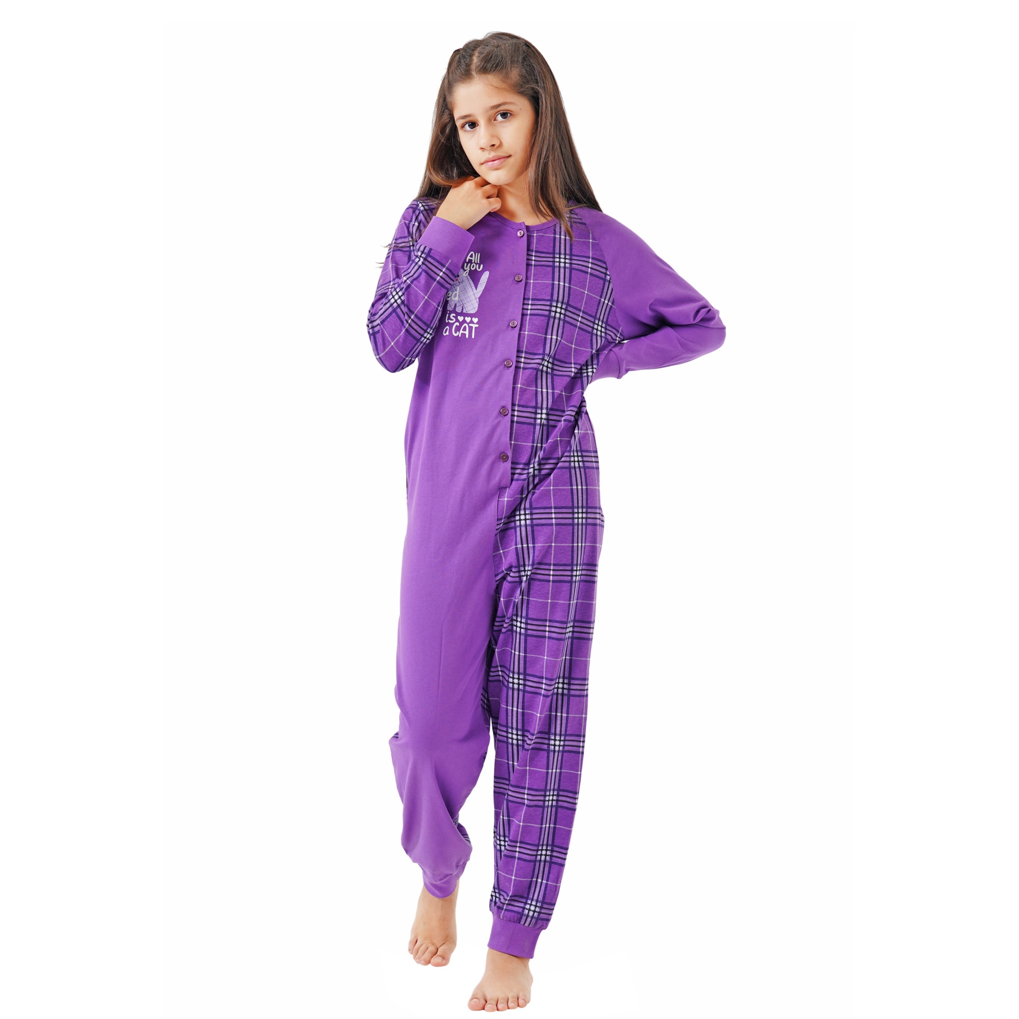 Pijama tip salopeta fetite Vienetta, model All you need is Cat, mov, 9-10 ani - eMAG.ro