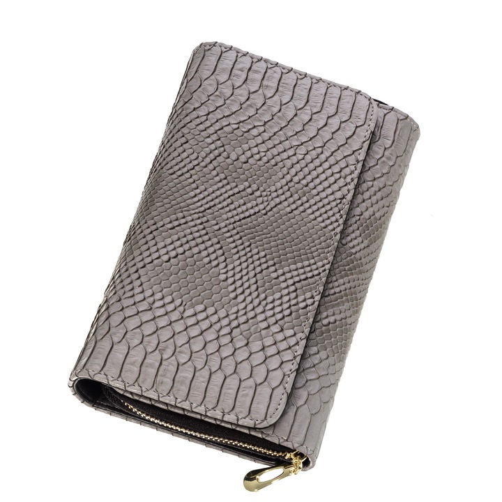 Portofel dama Skin, confectionat din piele naturala, bareta metalica aurie, Gri