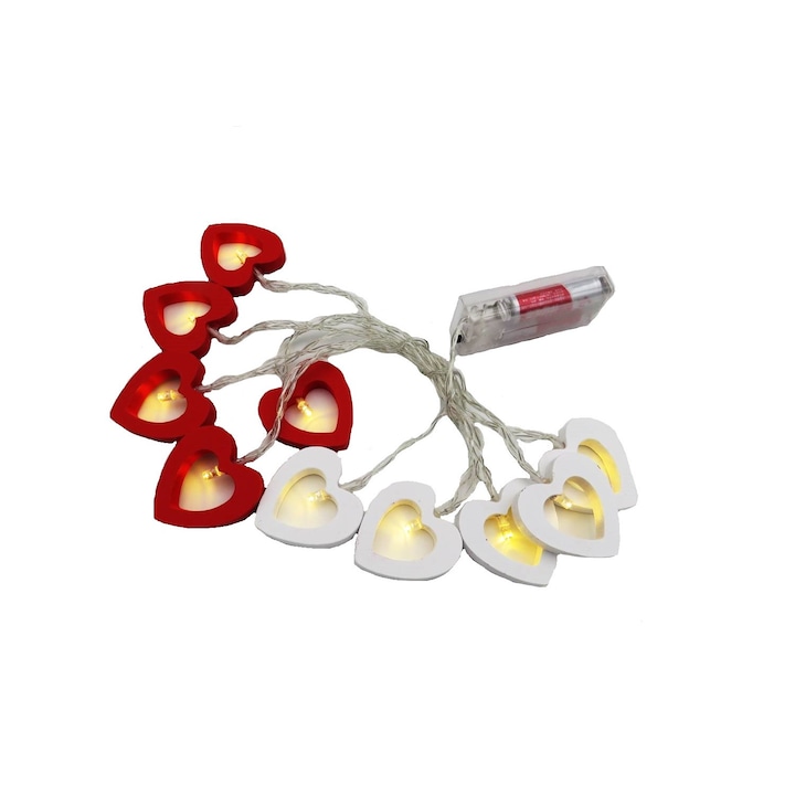 Karácsonyi installáció LED modell fa szívek, elemekkel, átlátszó drót 30 cm, meleg fehér fény