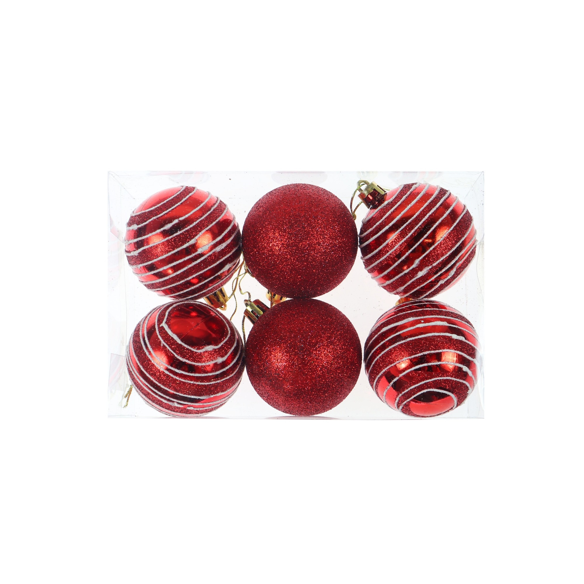 Set globuri de Craciun, 6 bucati, rosu cu alb, diametru 6 cm