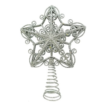 Varf Decorativ de Brad Zenino® - Stea, Sclipici, Model Forjat, 14,5x20cm, Argintiu Varf Decorativ de Brad Zenino® - Stea, Sclipici, Model Forjat, 14,5x20cm, Argintiu