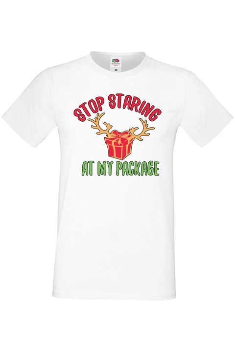 Férfi karácsonyi póló Mikulás újévi ajándék, ne bámulja a csomagomat, Fehér