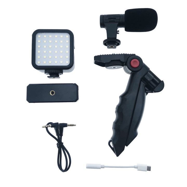 Комплект за vlogging 4 в 1, Platinet, с микрофон, LED лампа, статив, поддръжка и връзка за смартфон
