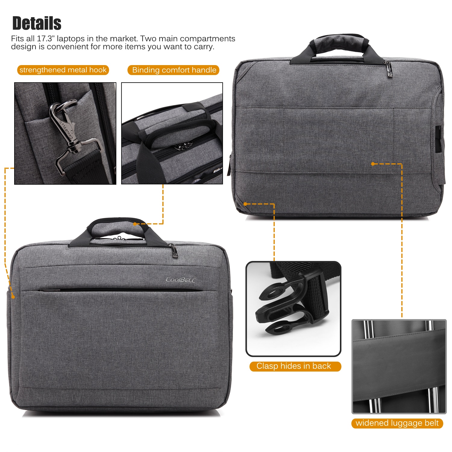 Geanta pentru laptop CoolBELL, 17.3 inchi, Panza Oxford, Gri