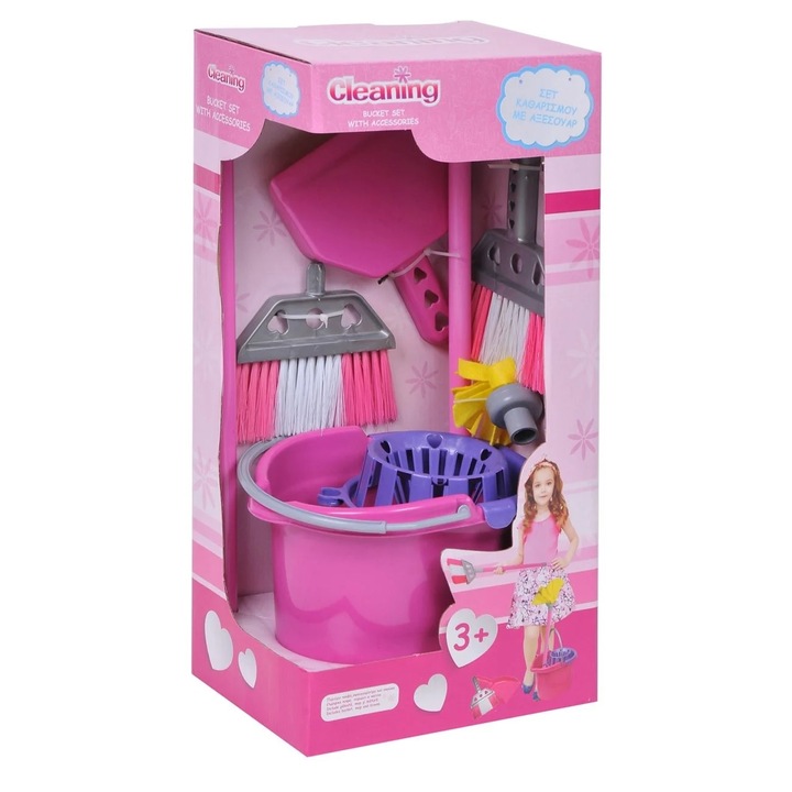 Set de curatenie pentru copii, Dimbo, Plastic, galeata, carpa si matura, Roz, 3+ ani, Multicolor