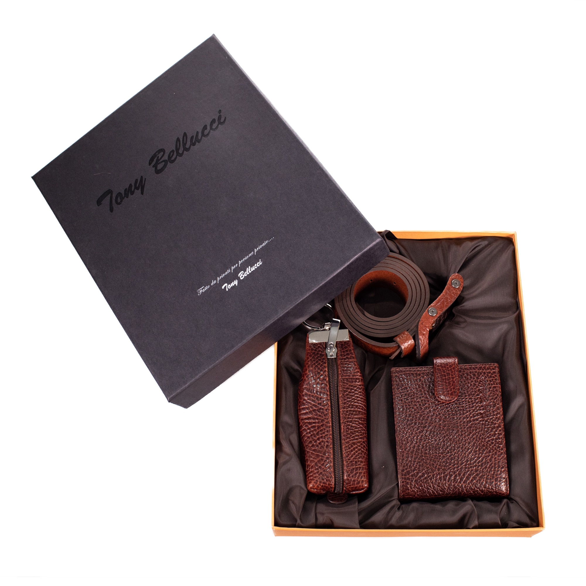 Set cadou pentru barbati din piele naturala, Tony Bellucci, model TB 71400, Maro roscat