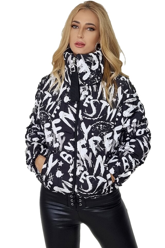 Geaca scurta de fas Pamela, Negru/Alb