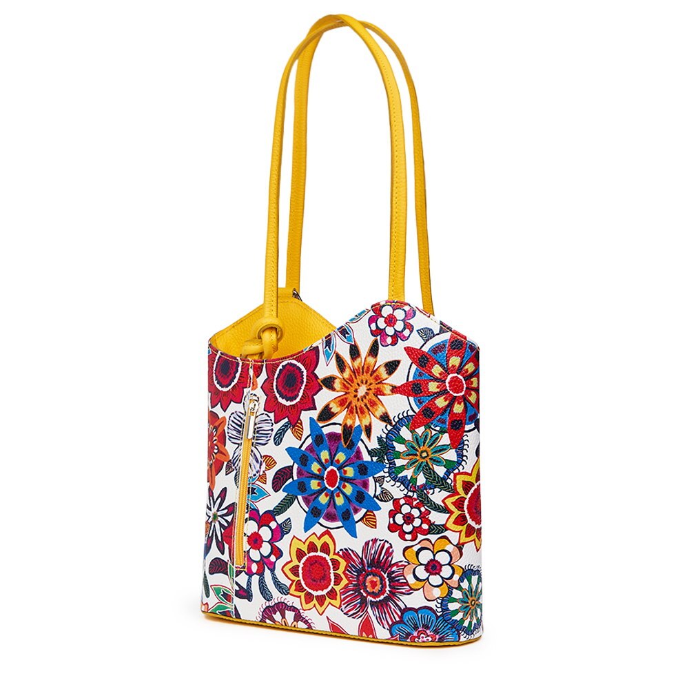 Geanta din piele cu model floral Viola FF5, manere galbene