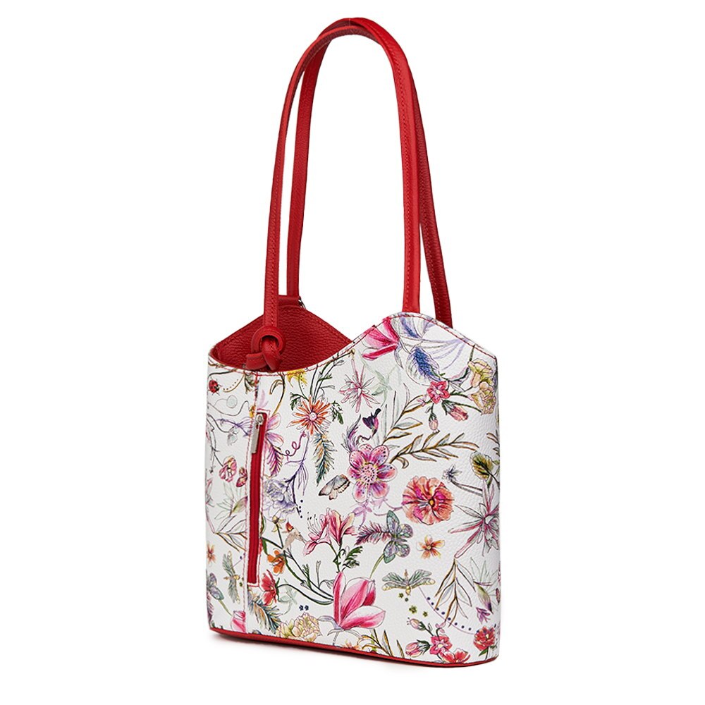 Geanta din piele cu model floral Viola FF7, manere rosii