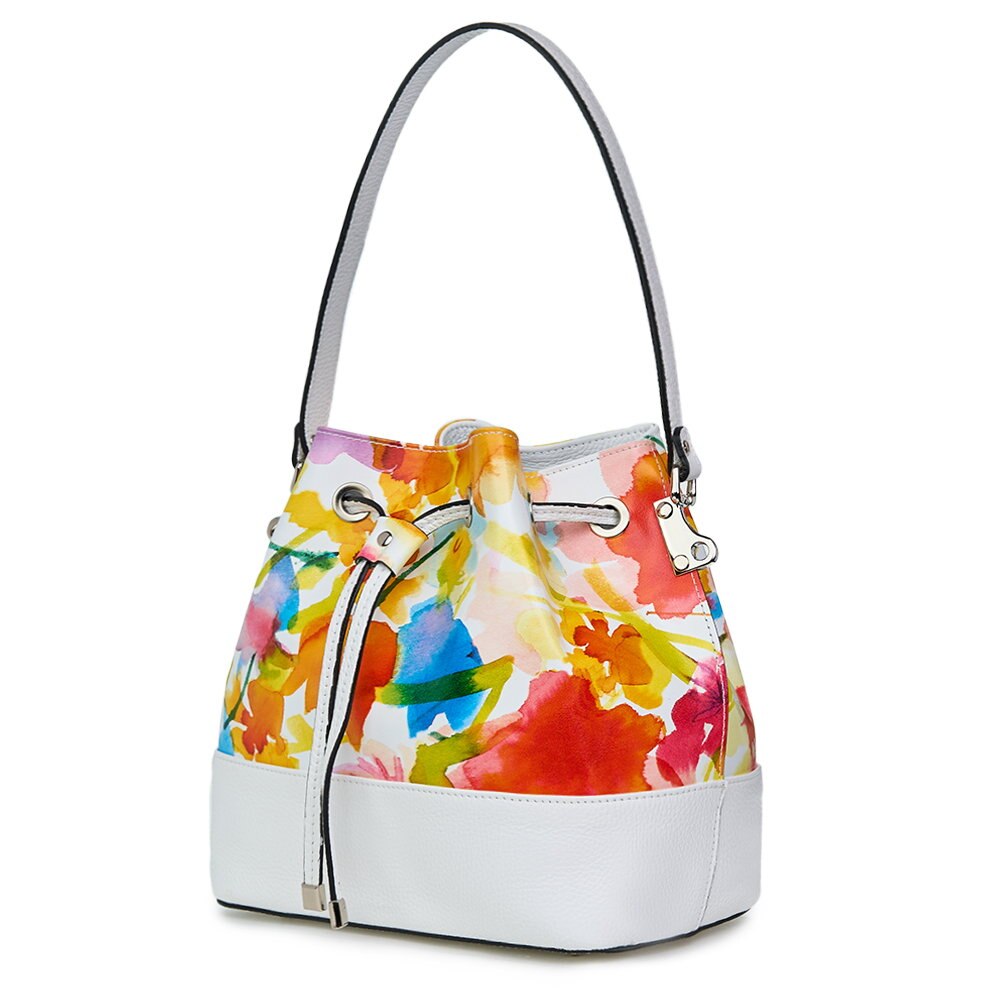 Geanta tip saculet din piele cu model floral Sophia FF3 alba