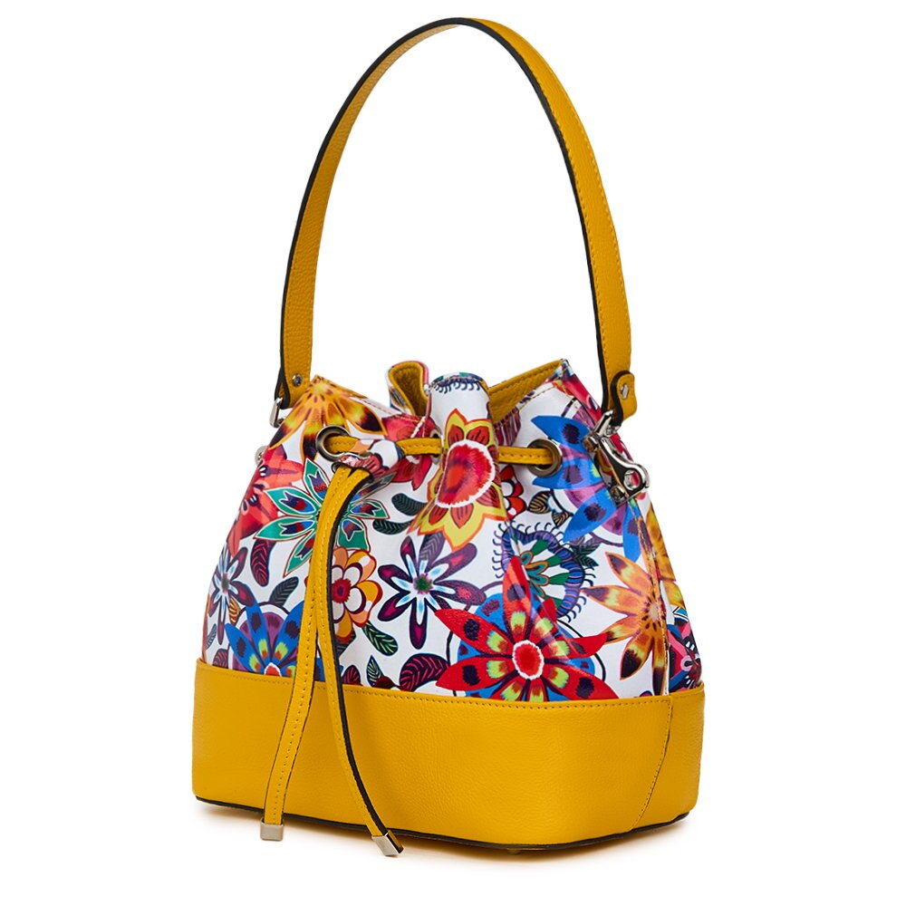 Geanta tip saculet din piele cu model floral Sophia FF5 galbena