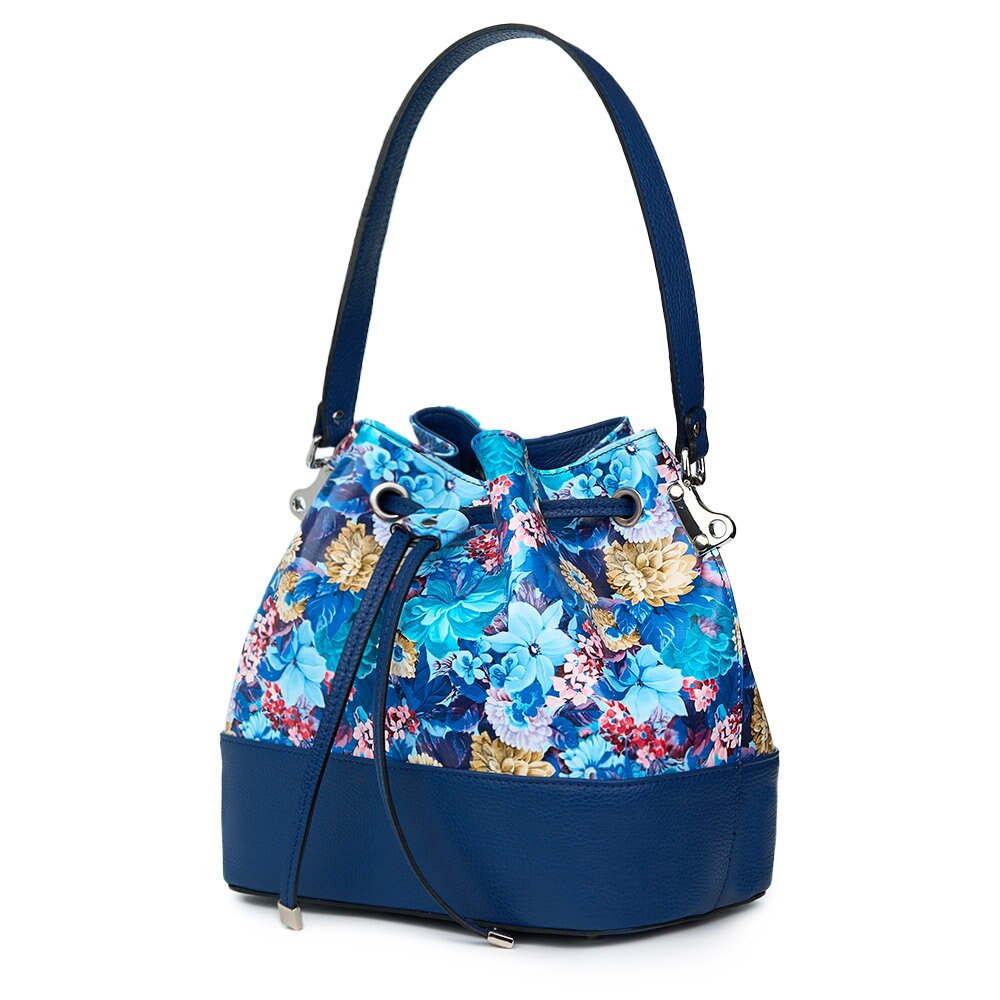 Geanta tip saculet din piele cu model floral Sophia FF2 albastra