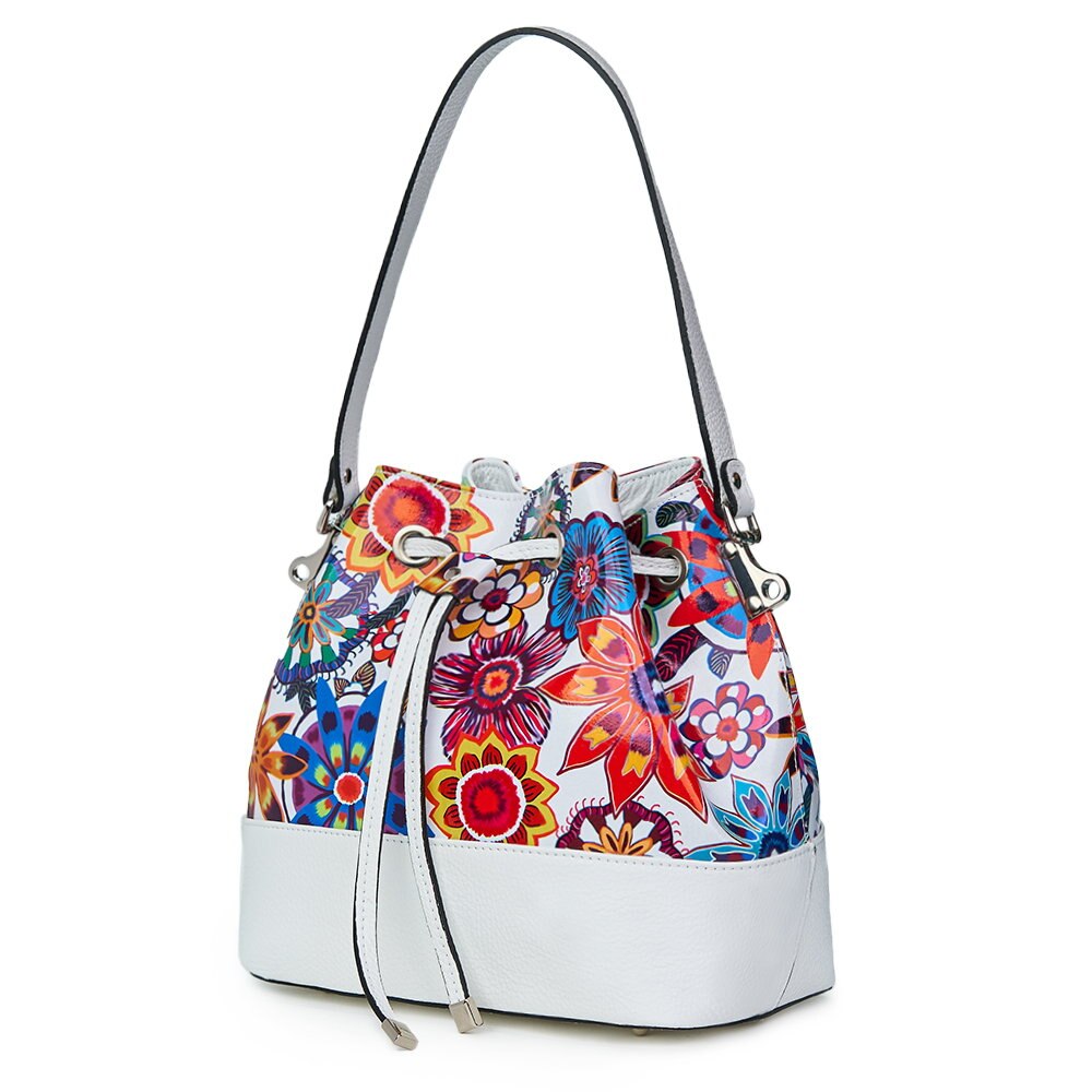 Geanta tip saculet din piele cu model floral Sophia FF5 alba