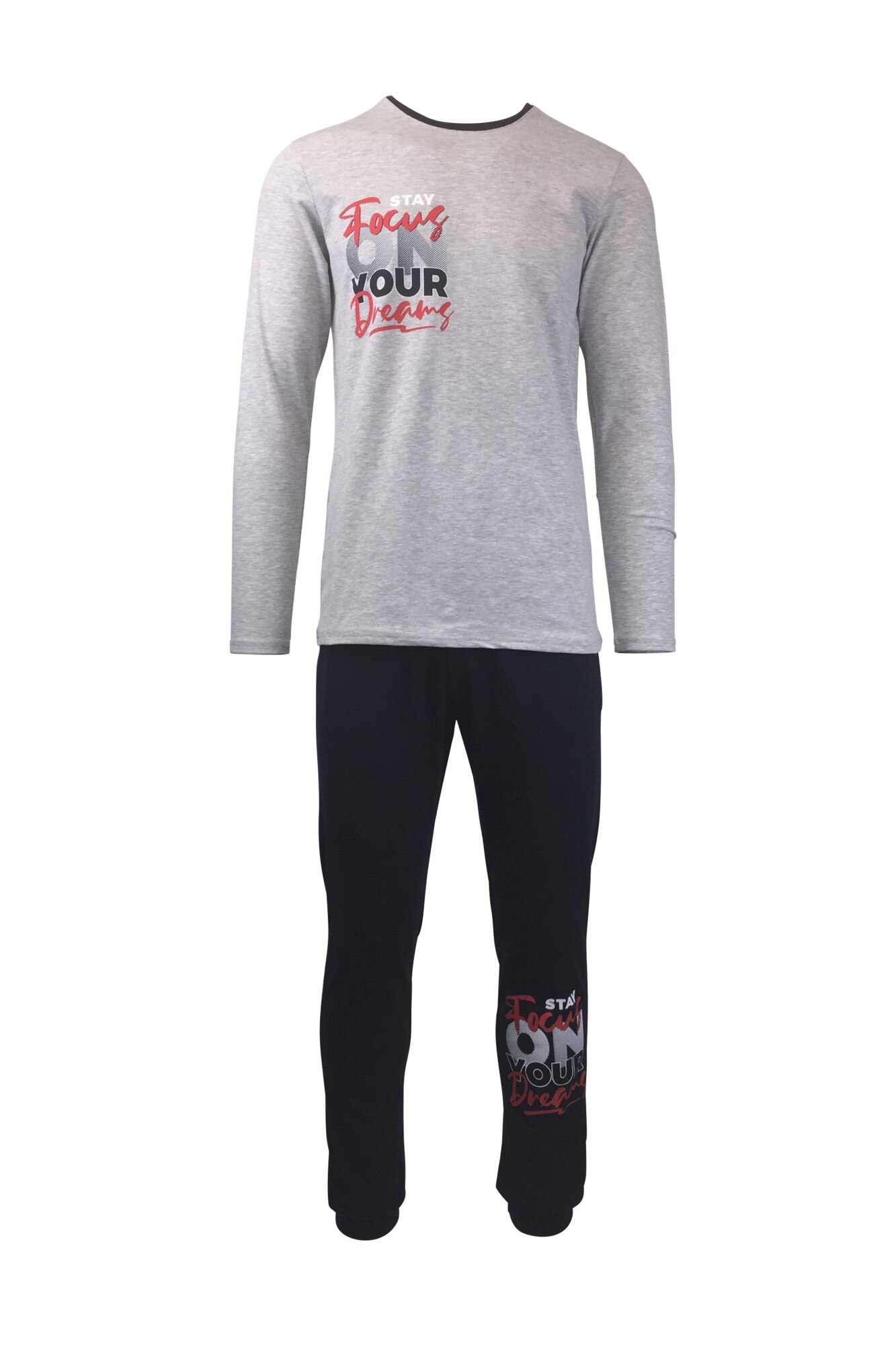 Pijama pentru barbat, UNIVERS FASHION, bluza gri deschis cu imprimeu pe piept, pantaloni lungi bleumarin