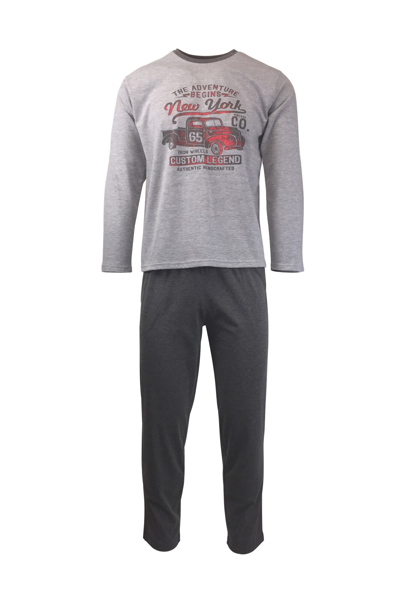 Pijama pentru barbat, UNIVERS FASHION, bluza gri deschis cu imprimeu pe piept, pantaloni lungi antracit