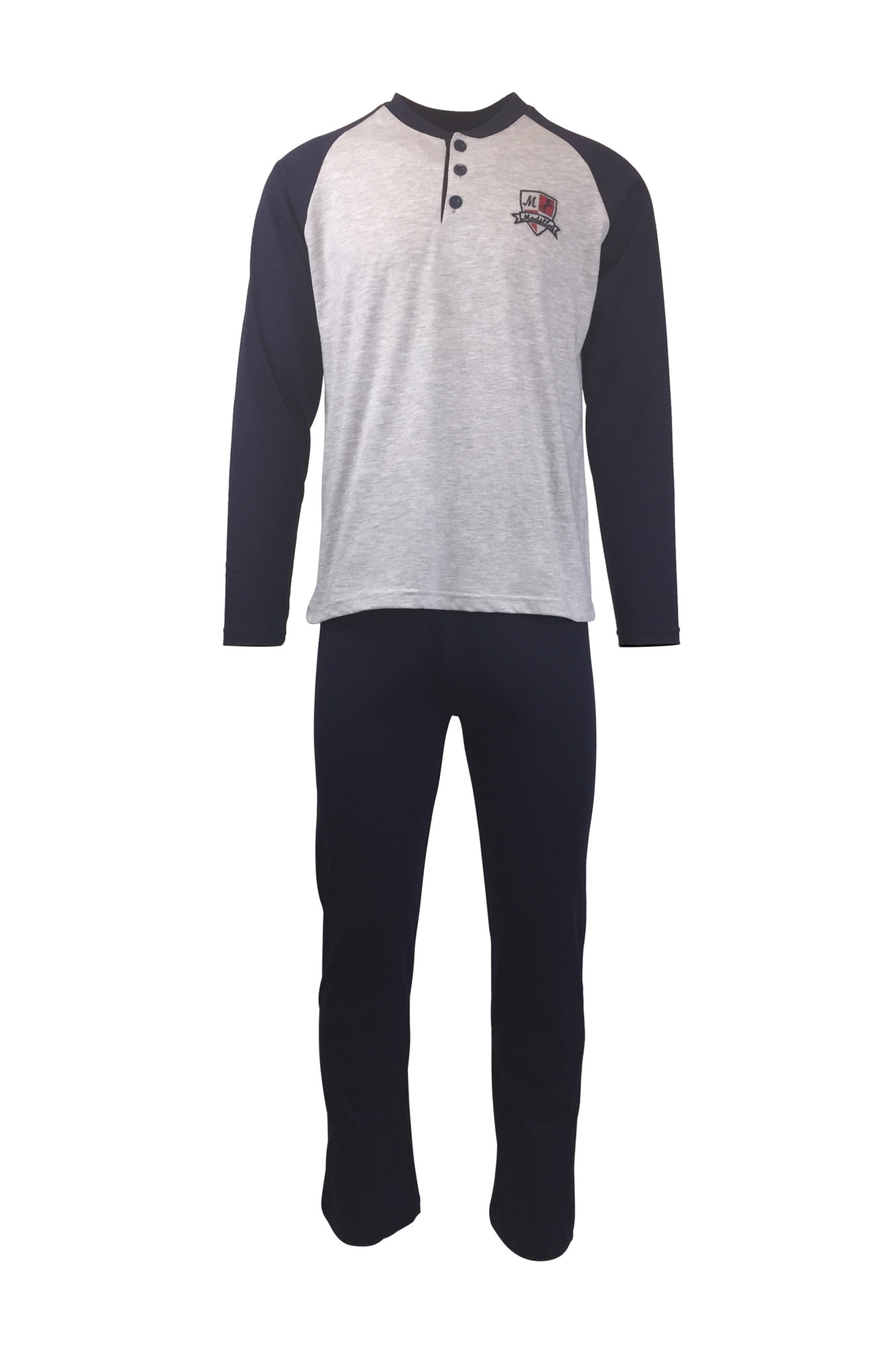 Pijama pentru barbat, UNIVERS FASHION, bluza gri deschis cu logo pe piept, pantaloni lungi bleumarin