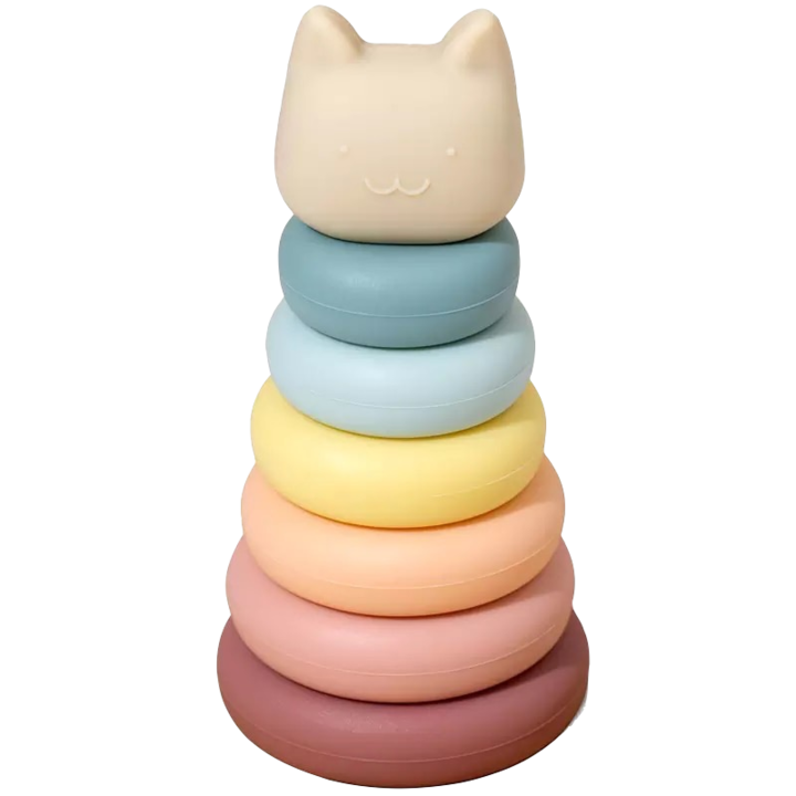 OEM Piramis típusú toronyjáték, étkezési szilikonból, cicás, többszínű, 7 db-os