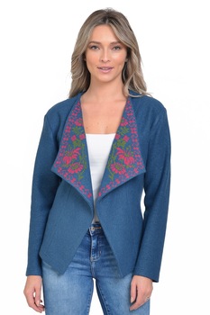 Sacou din stofa de lana cu broderie traditionala, Dress To Impress, Albastru/Roz Sacou din stofa de lana cu broderie traditionala, Dress To Impress, Albastru/Roz