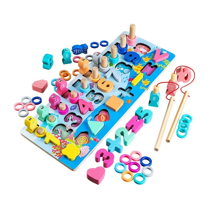 Joc lemn 6 in 1 Montessori cu logaritmic cu stivuire piese, cifre, forme geometrice si pescuit magnetic - Undercover®