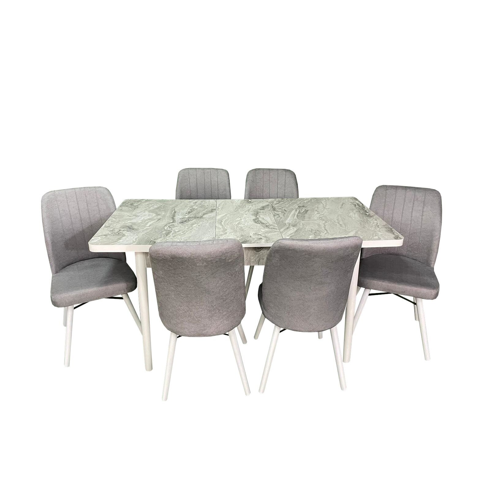 Set masa extensibila Hera alb marmorat cu 6 scaune kare gri