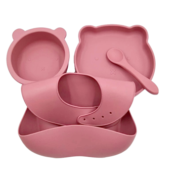 Set diversificare din silicon model ursulet, format din farfurie cu ventuza, bol cu ventuza, bavetica si tacam, roz Set diversificare din silicon model ursulet, format din farfurie cu ventuza, bol cu ventuza, bavetica si tacam, roz