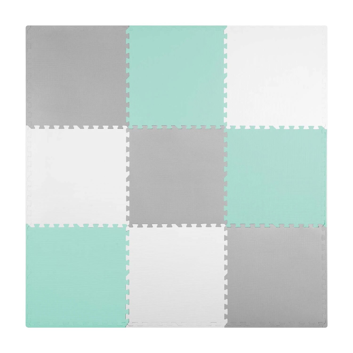 Covoras puzzle din spuma DacEnergy©, 180x180 cm, 9 buc, antiaderent, moale, gri si menta