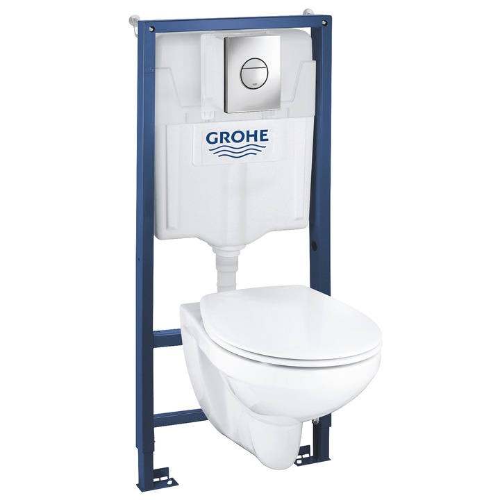 Комплект WC 5 в 1 Grohe BauCeramic 39499000, Окачена тоалетна, Рамка, Капак, Система за монтаж, Бял