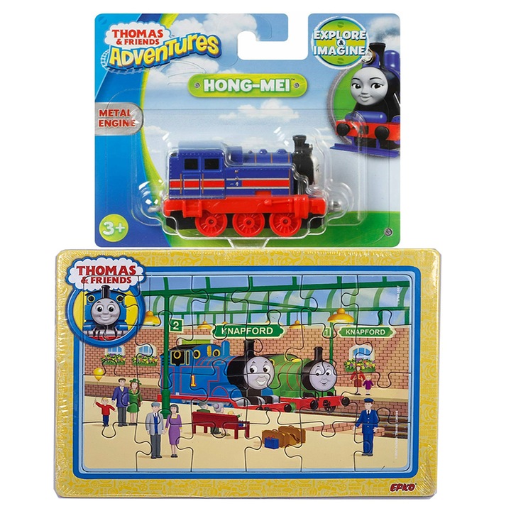 Комплект детско влакче и пъзел Thomas & Friends Hong Mei 540499-2-1, 24 части пъзел, 14 см влак, Син, Произведено в Чехия
