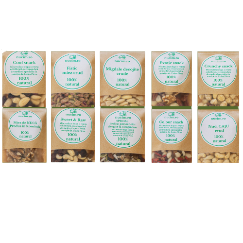 Pachetelul copilului, cu 10 gustari sanatoase individuale cu varietate de nuci, seminte si fructe uscate, nucim, 300g
