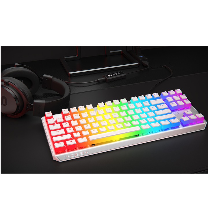 Клавиатура Gaming SPC GK630K Kailh BLUE RGB Pudding Edition Onyx White, Механична, Full RGB, Switch Blue