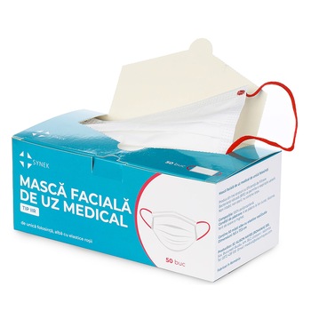 Set 50 bucati Masti faciale, medicale, de unica folosinta, nesterile, pentru adulti, Tip IIR Albe cu elastic rosu Set 50 bucati Masti faciale, medicale, de unica folosinta, nesterile, pentru adulti, Tip IIR Albe cu elastic rosu