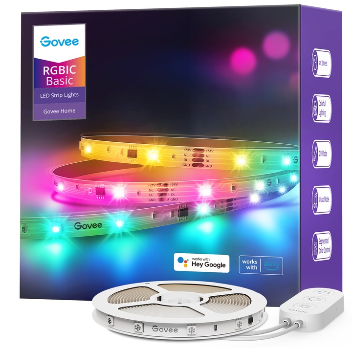 Banda LED RGBIC inteligenta Govee Basic H618C, Wi-Fi, Bluetooth, sincronizare muzica, compatibil Alexa/Google Assistant, 10m
