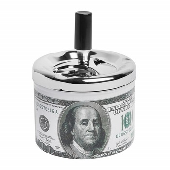 Scrumiera metalica American Dream 100$ antivant cu buton, 14 cm Scrumiera metalica American Dream 100$ antivant cu buton, 14 cm