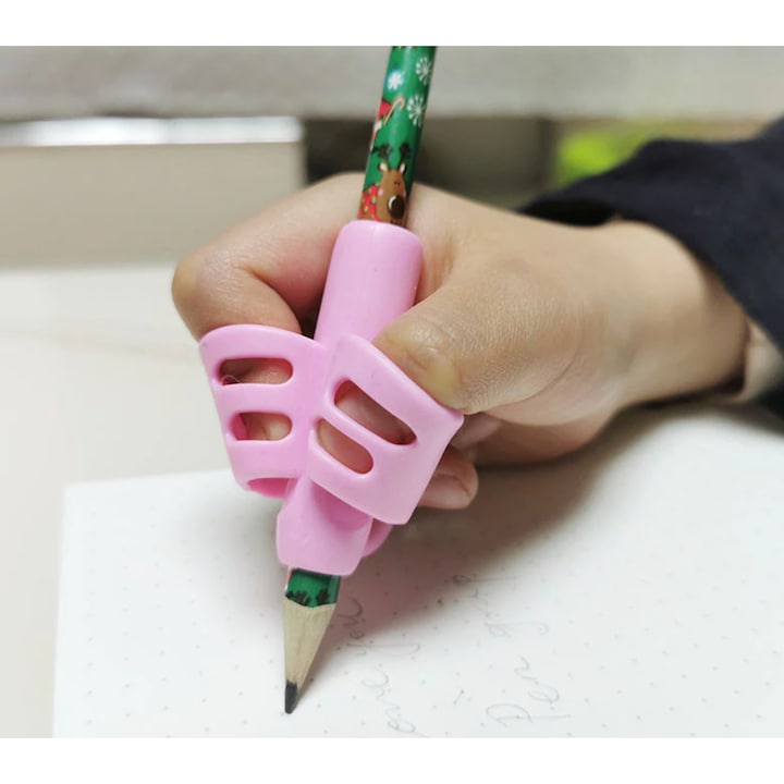 Suport pentru corectarea pozitiei de scris, CRT, Pro Kids, Din silicon, Cu 3 degete, Roz