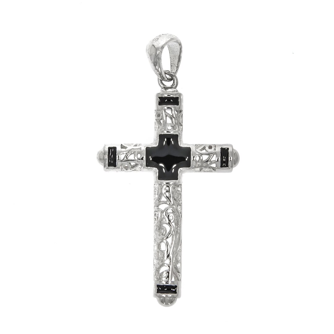Pandantiv Argint Rodiat Barbatesc Cruce cu Email Negru, 4.5 x 2.3cm