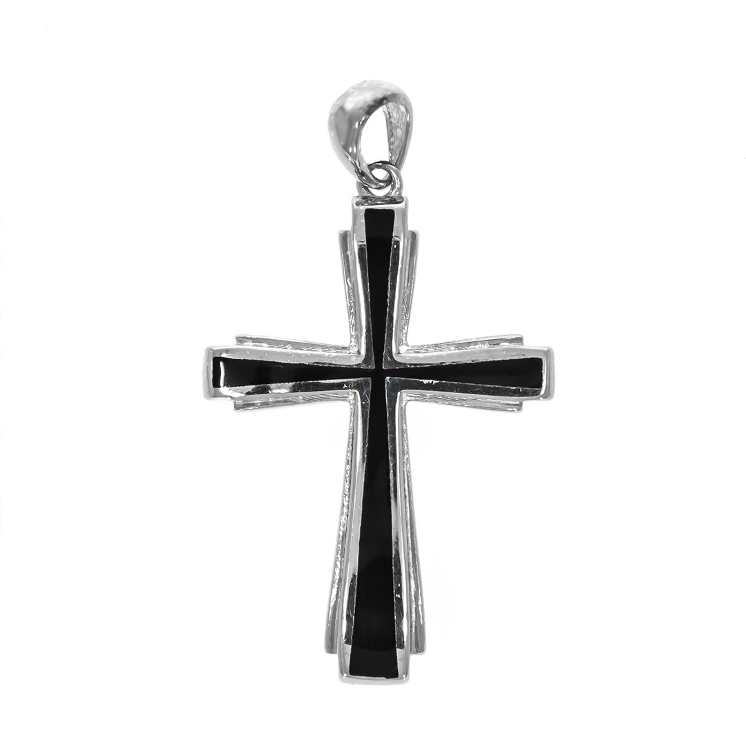 Pandantiv Argint Barbatesc Cruce cu Email Negru, 4.4 x 2.5cm