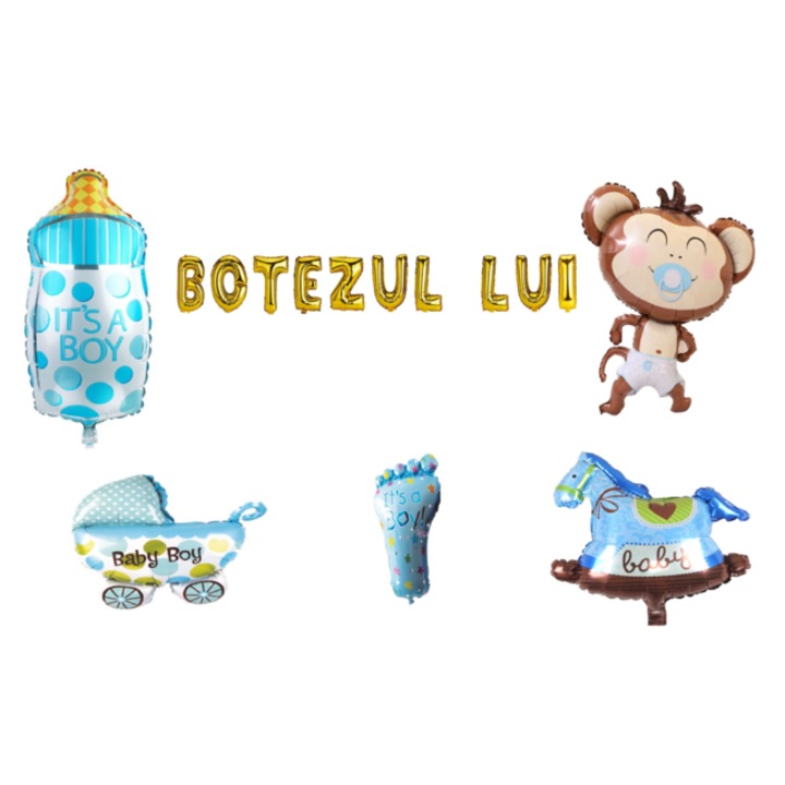 Keresztelő lufi szettje, Fiúknak, tortafeltét, 16 db, Arany