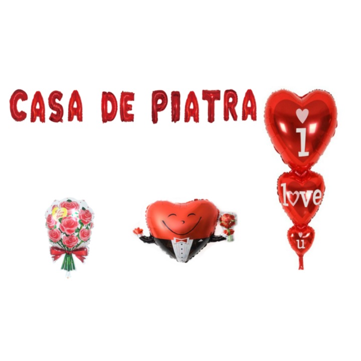 Kőház lufi készlet, tortalappal, 16 db, piros