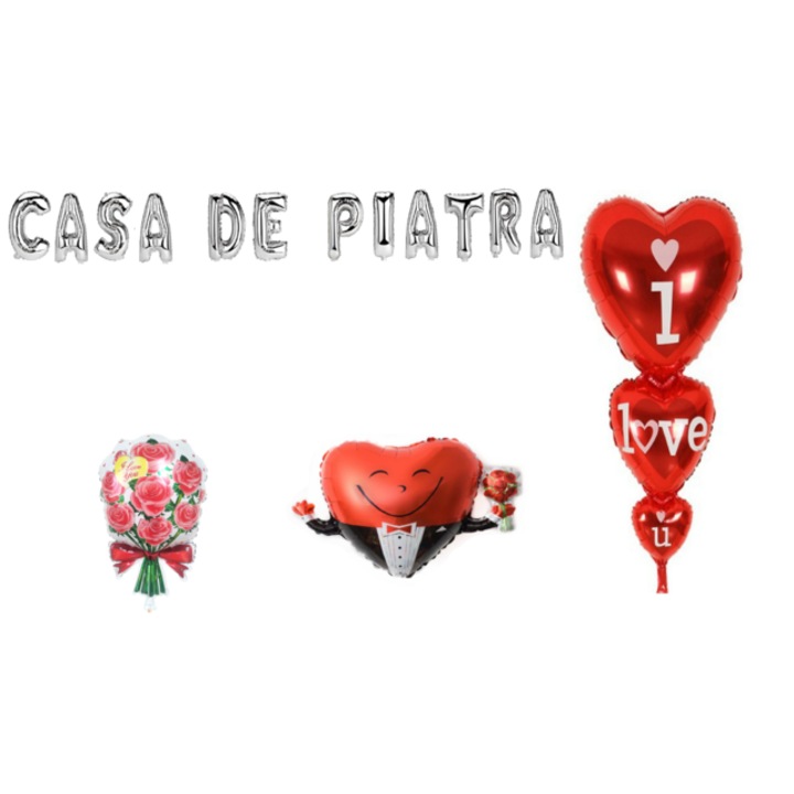 Kőház lufi készlet, tortalappal, 16 db, ezüst