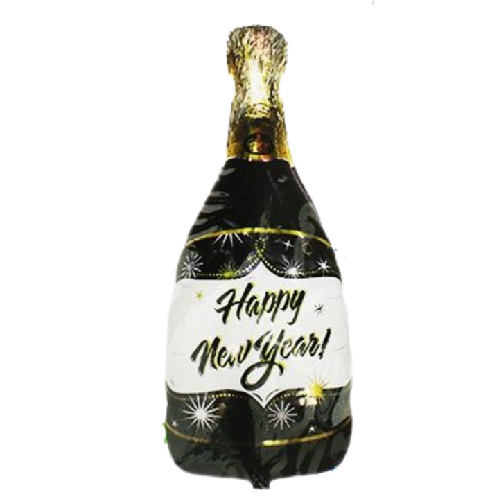 Фолиев балон, Бутилка шампанско, Честита Нова Година, черен, 85 см