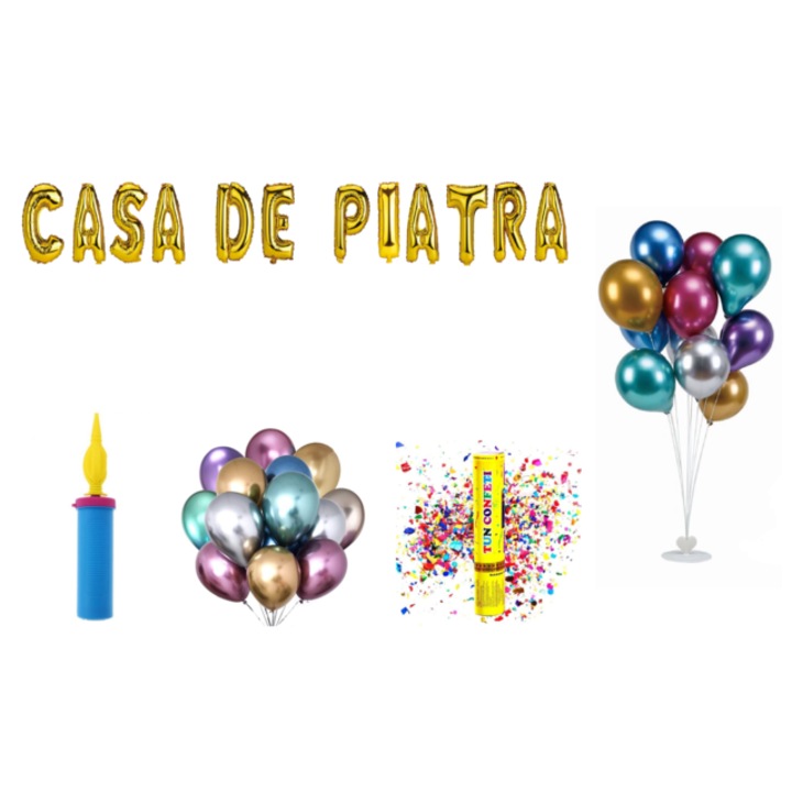 Kőház lufi készlet, tortalappal, 73 db, arany