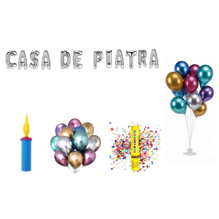 Kőház lufi szett, tortafeltét, 73 db, ezüst