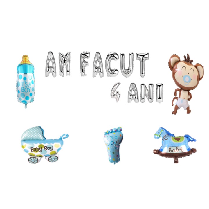 4 éves születésnapi lufi készlet, 4 éves vagyok, ezüst, fiúknak, 16 db