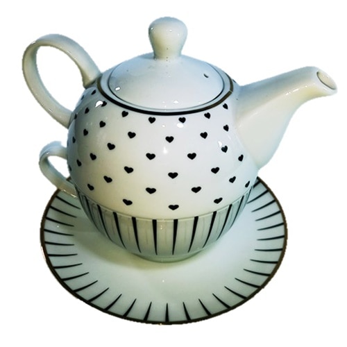 Set ceainic cu ceasca si farfurie, model Inimoare, Ceramica, Multicolor, 450 ml