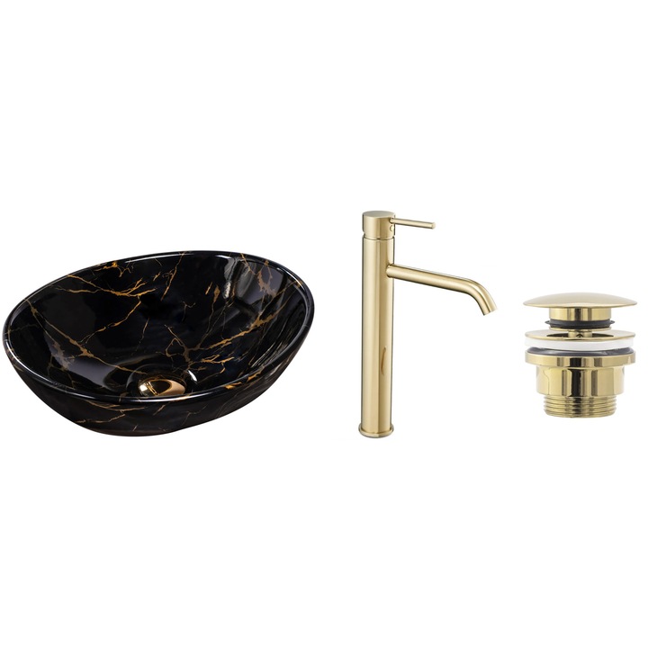 Lavoar Sofia Marble Black cu Baterie lavoar si Ventil, kit complet gata de montat