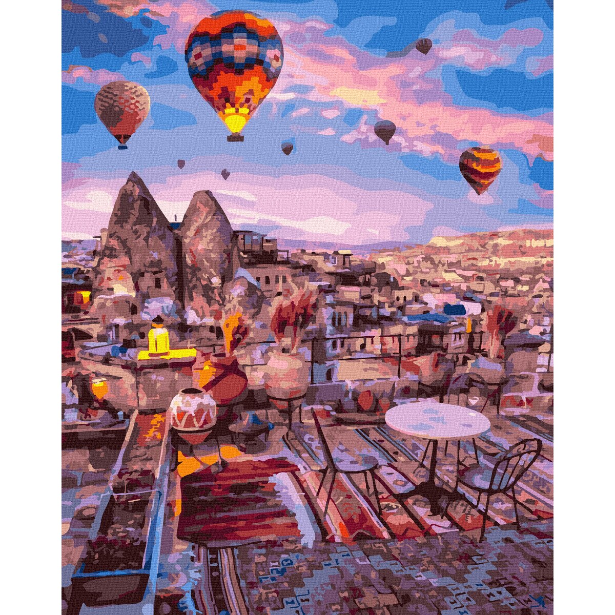 Pictura pe numere, Vedere din Cappadocia, 40x50cm, culori acrilice, pensule, panza incadrata pe o rama de lemn