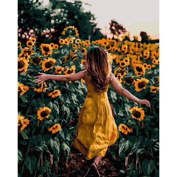 Pictura pe numere, Camp de floarea soarelui, 40x50cm, culori acrilice, pensule, panza incadrata pe o rama de lemn Pictura pe numere, Camp de floarea soarelui, 40x50cm, culori acrilice, pensule, panza incadrata pe o rama de lemn