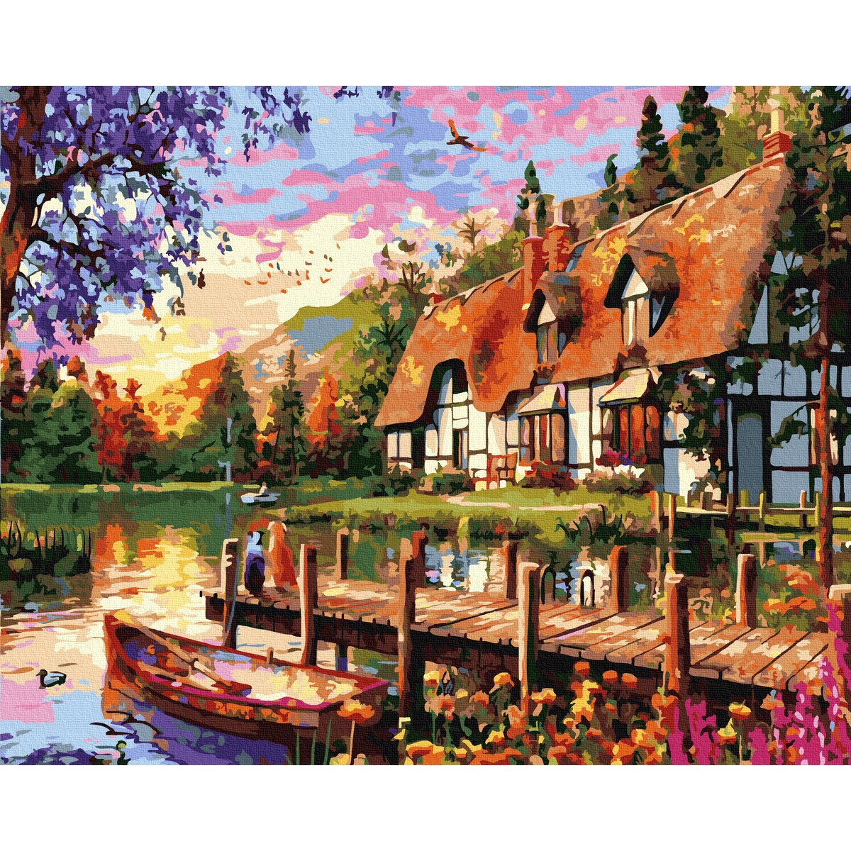 Pictura pe numere, Casuta de la lac, 40x50cm, culori acrilice, pensule, panza incadrata pe o rama de lemn