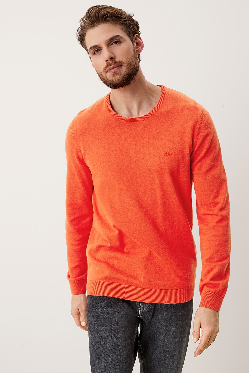 s.Oliver, Pulover cu decolteu la baza gatului si detaliu logo, Oranj mandarina