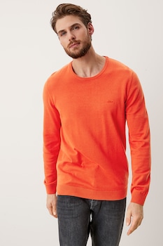 s.Oliver, Pulover cu decolteu la baza gatului si detaliu logo, Oranj mandarina s.Oliver, Pulover cu decolteu la baza gatului si detaliu logo, Oranj mandarina